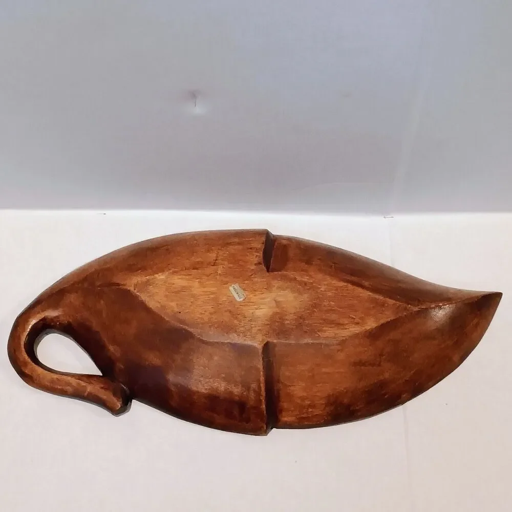 Vintage Monkey Pod Wood Leaf Shaped Tray-Handmade-Fruit Bowl-Charcuterie-MCM